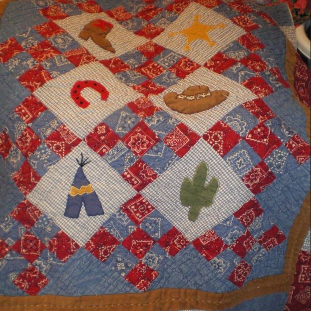 CUTE Western Themed Blue and Red  Quilt Throw Hanging